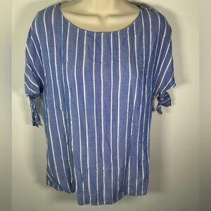 Promod Blue White Striped Short Sleeve Blouse, Tie Detail size medium